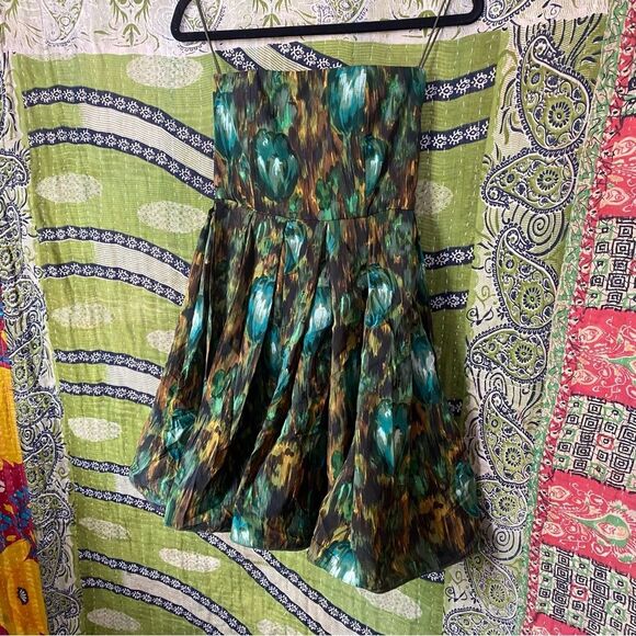 Alice + Olivia Green Watercolor Silk Strapless Mini Dress Size 4 - Picture 7 of 16
